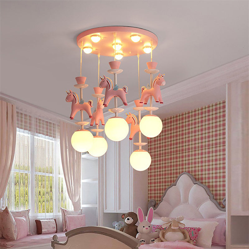 Lumendat Modern Art Deco Kids Iron Resin Glass Round Base Ball Horse 1/3/5 Light Flush Mount Ceiling Light For Bedroom Lumendat