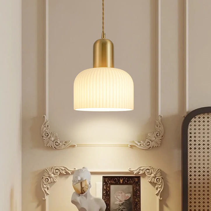 Japanese Wabi-sabi Brass Semi-circle Pleated Glass 1-light Pendant Light