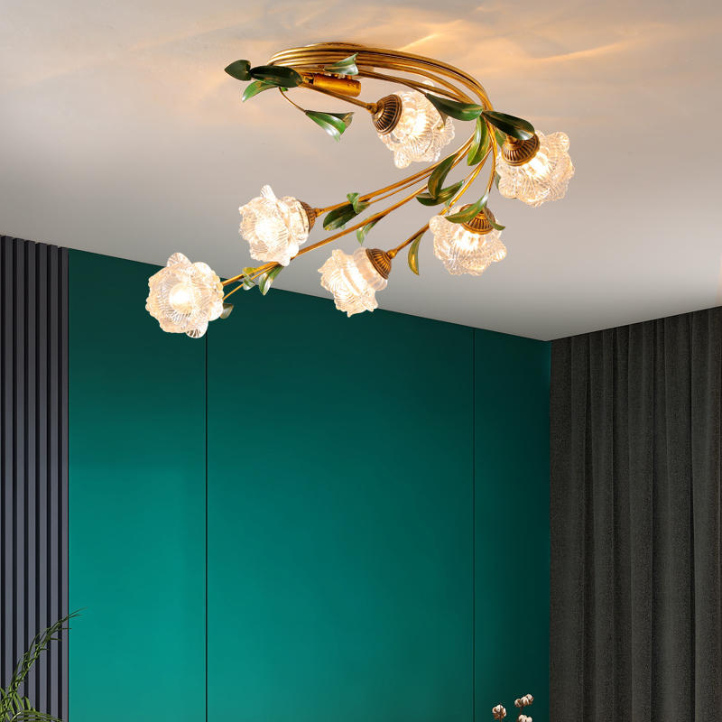 Traditional French Floral Iron Glass 6-light Flush Mount Ceiling Light for Living Room