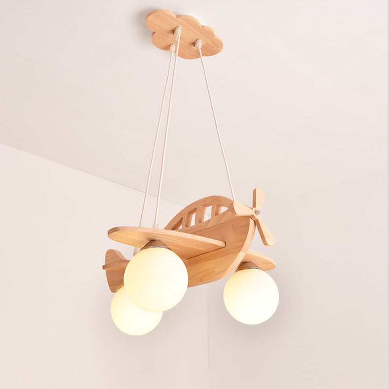Lumendat Contemporary Creative Rubberwood Aircraft Design Glass 3-Light Kids Chandelier For Bedroom Lumendat