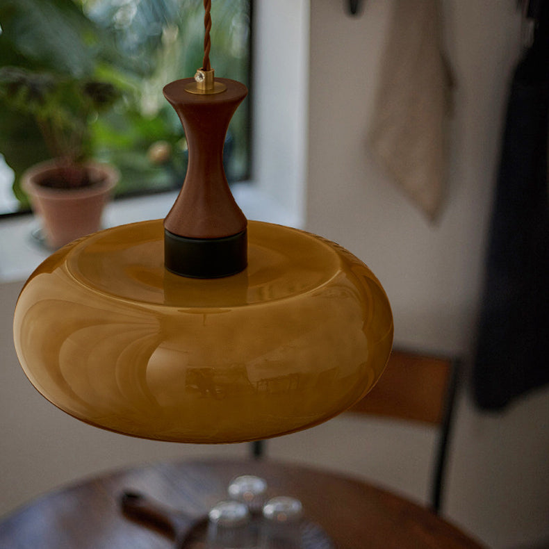 Contemporary Retro Wood Iron Glass Drum Round 1-light Pendant Light for Dining Room