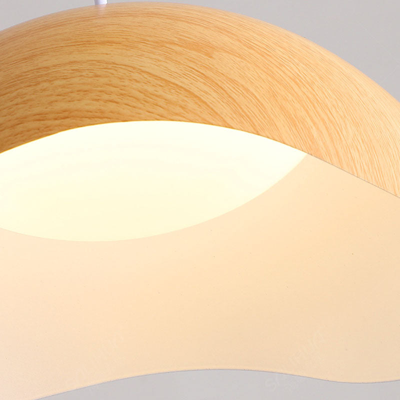 Contemporary Scandinavian Wood Grain Iron Dome Wave LED Pendant Light for Dining Room
