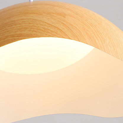 Contemporary Scandinavian Wood Grain Iron Dome Wave LED Pendant Light for Dining Room