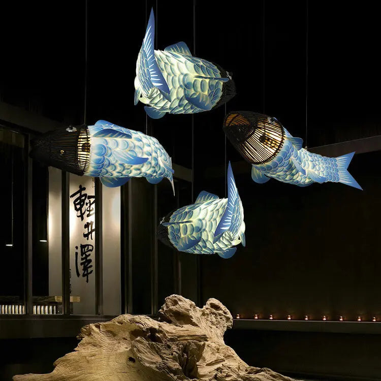 Traditional Chinese Koi Fish Iron Pvc Fabric 2/4 Light Chandelier for Dining Room Lumendat