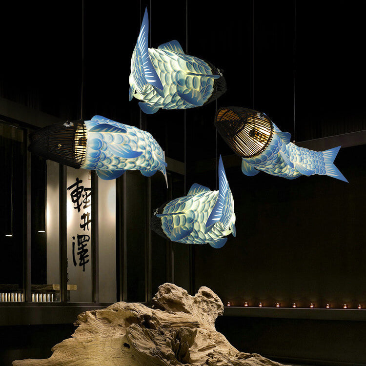 Traditional Chinese Koi Fish Iron Pvc Fabric 2/4 Light Chandelier for Dining Room