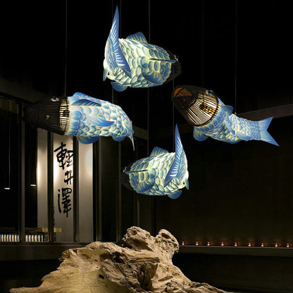 Traditional Chinese Koi Fish Iron Pvc Fabric 2/4 Light Chandelier for Dining Room