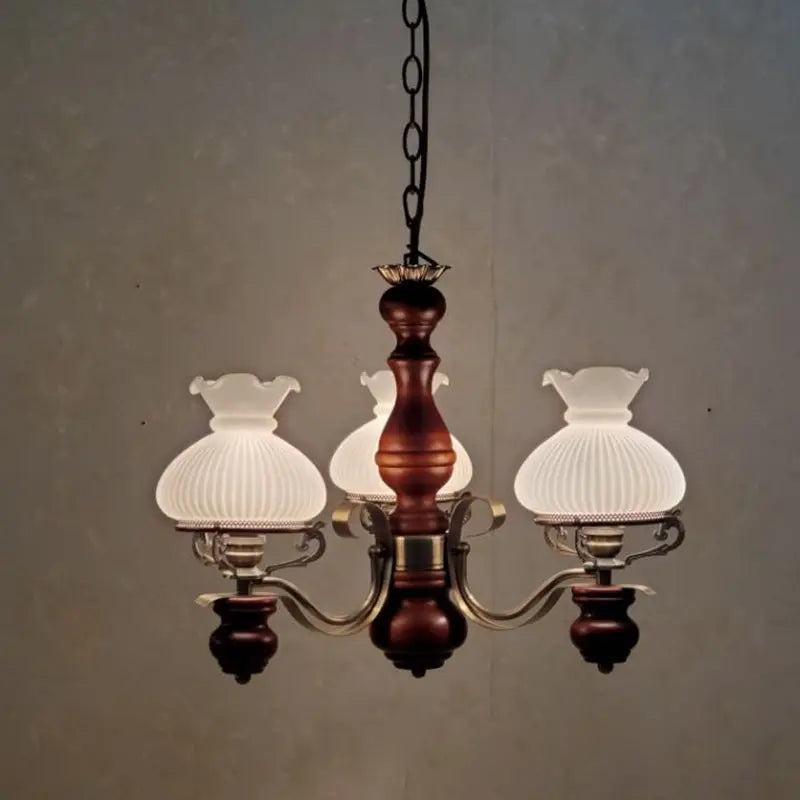 Traditional Rustic Candelabra Round Flower Iron Solid Wood 3-light Chandelier for Living Room BulbSquare