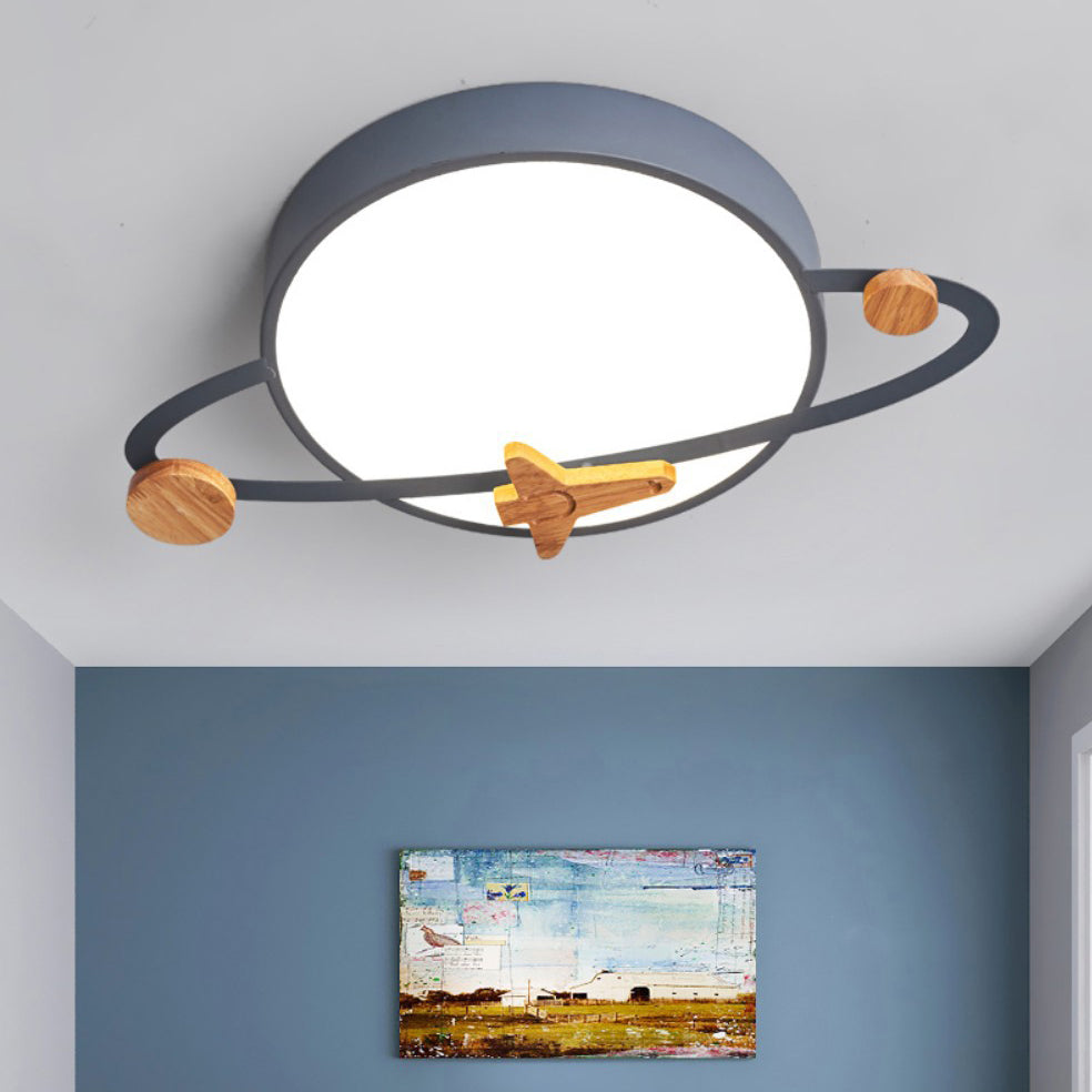Lumendat Contemporary Scandinavian Iron Acrylic Wood Round Planet Design LED Kids Flush Mount Ceiling Light For Bedroom Lumendat