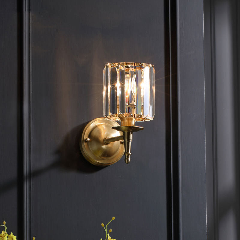 French Light Luxury Crystal Copper Cylinder 1-Light Wall Sconce Lamp Lumendat