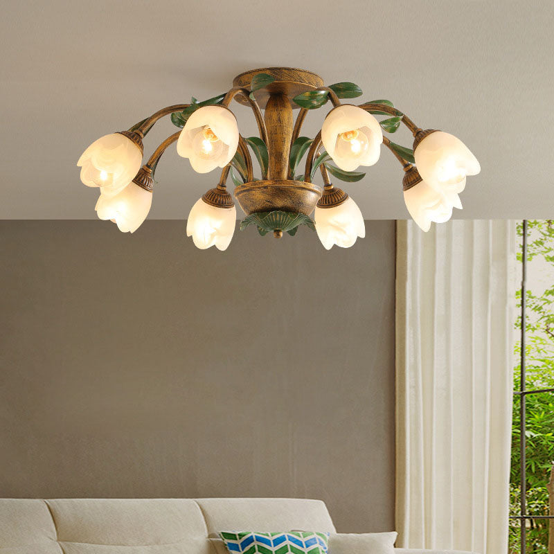 Traditional Rustic Floral Iron Glass 6/8/10 Light Semi-Flush Mount Ceiling Light For Living Room Lumendat