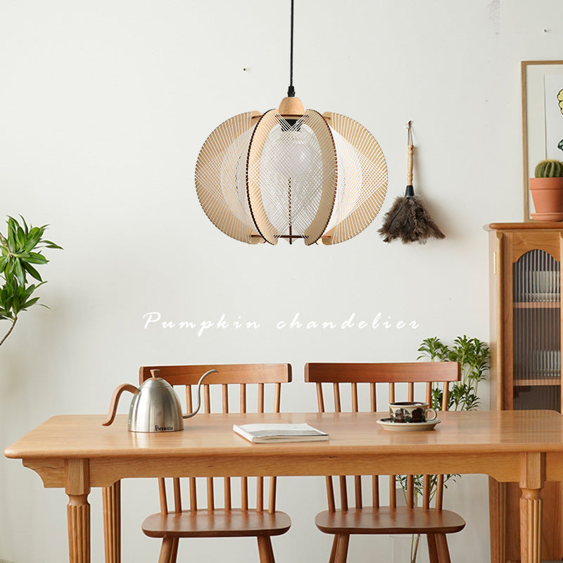 Traditional Japanese Pumpkin Round Twine Rope Wooden 1-light Pendant Light for Bedroom