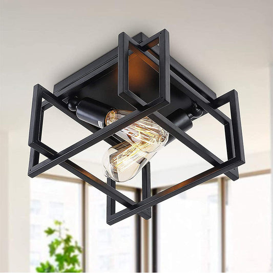 Contemporary Industrial Square Iron 2-light Semi-flush Mount Ceiling Light for Living Room