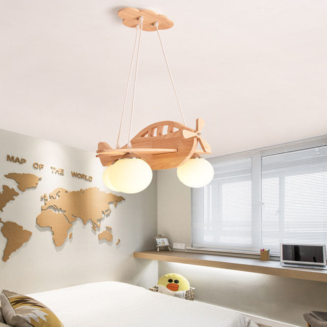 Lumendat Contemporary Creative Rubberwood Aircraft Design Glass 3-Light Kids Chandelier For Bedroom Lumendat