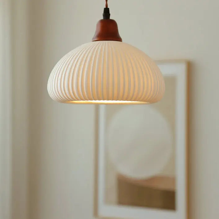 Japanese Vintage Pleated Ceramic Round Dome Wood 1-light Pendant Light Lumendat