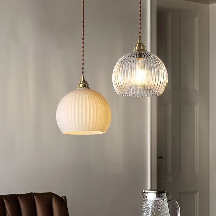 Modern Simplicity Ribbed Glass Semicircle Shade Copper 1-light Pendant Light for Living Room