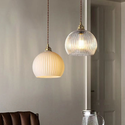 Modern Simplicity Ribbed Glass Semicircle Shade Copper 1-light Pendant Light for Living Room