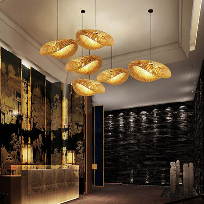 Traditional Japanese Straw Hat Bamboo Weaving Iron 1-light Pendant for Dining Room