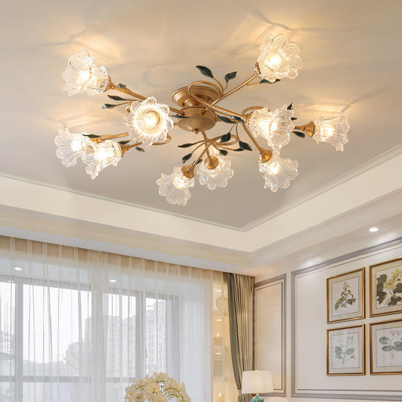 Traditional European Floral Iron Glass 6/8/10 Light Semi-flush Mount Ceiling Light for Bedroom