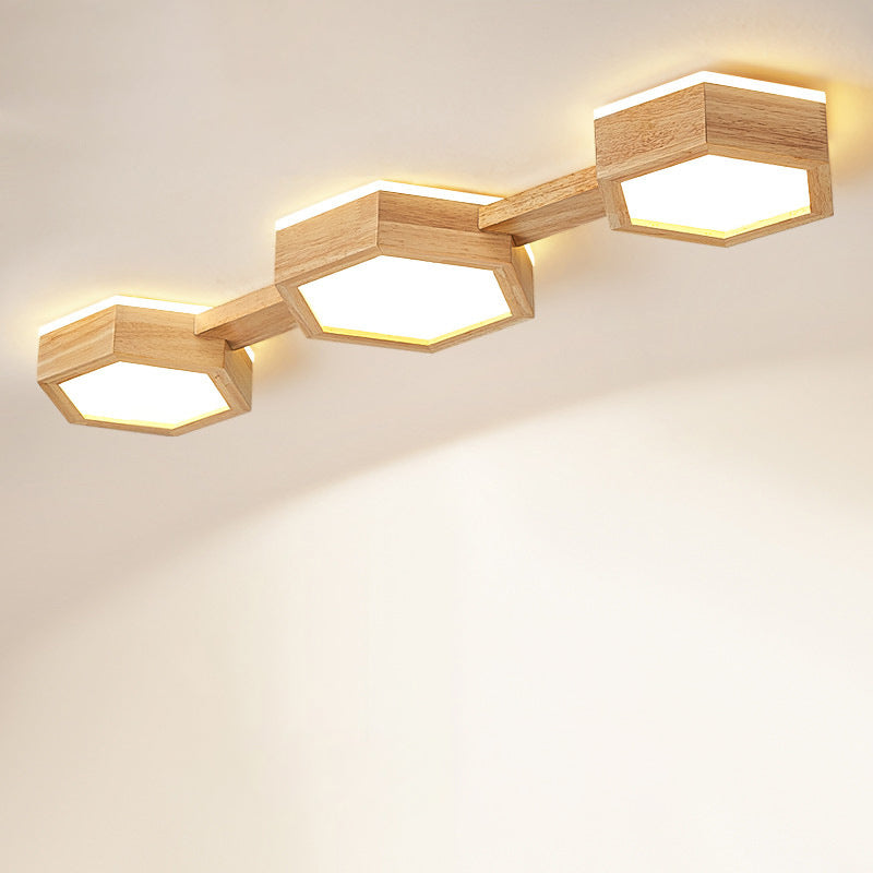 Traditional Japanese Hexagon Wood Acrylic LED Flush Mount Ceiling Light for Living Room