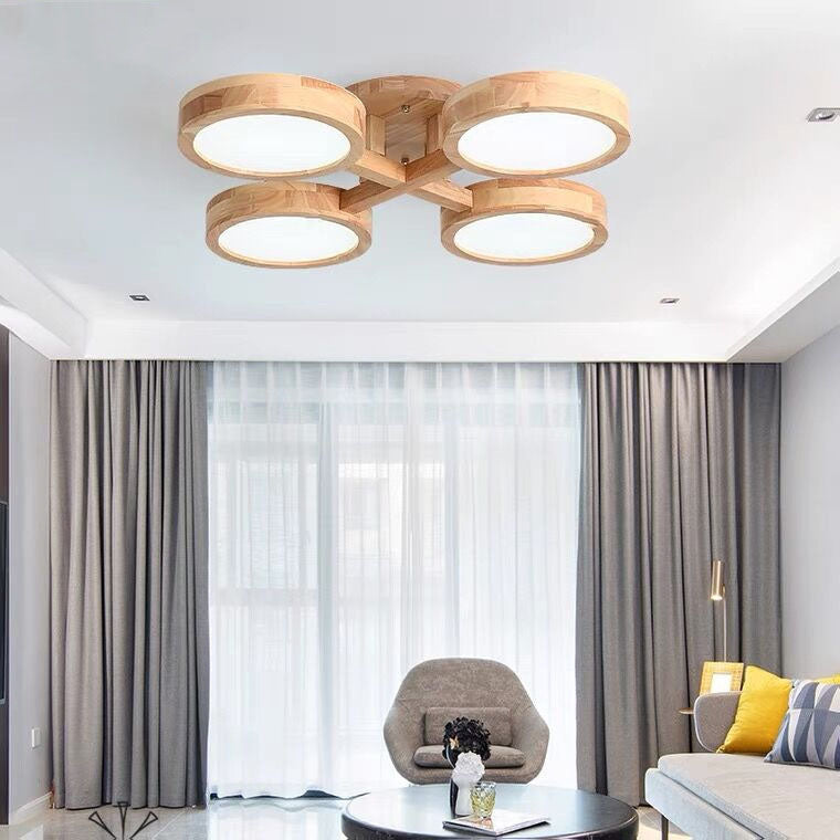 Contemporary Scandinavian Round Rubberwood LED Flush Mount Ceiling Light for Living Room