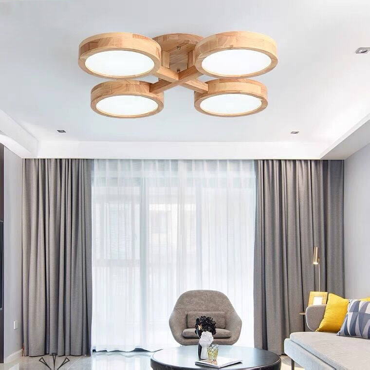 Contemporary Scandinavian Round Rubberwood LED Flush Mount Ceiling Light for Living Room BulbSquare