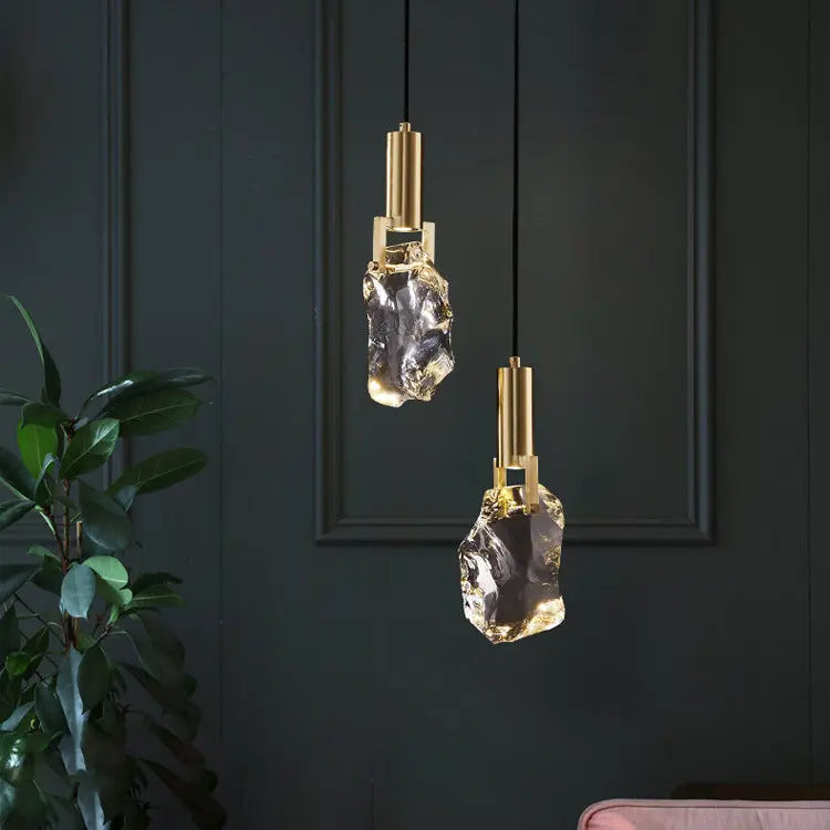 Modern Luxury Copper Irregular Crystal Stone LED Pendant Light for Living Room BulbSquare