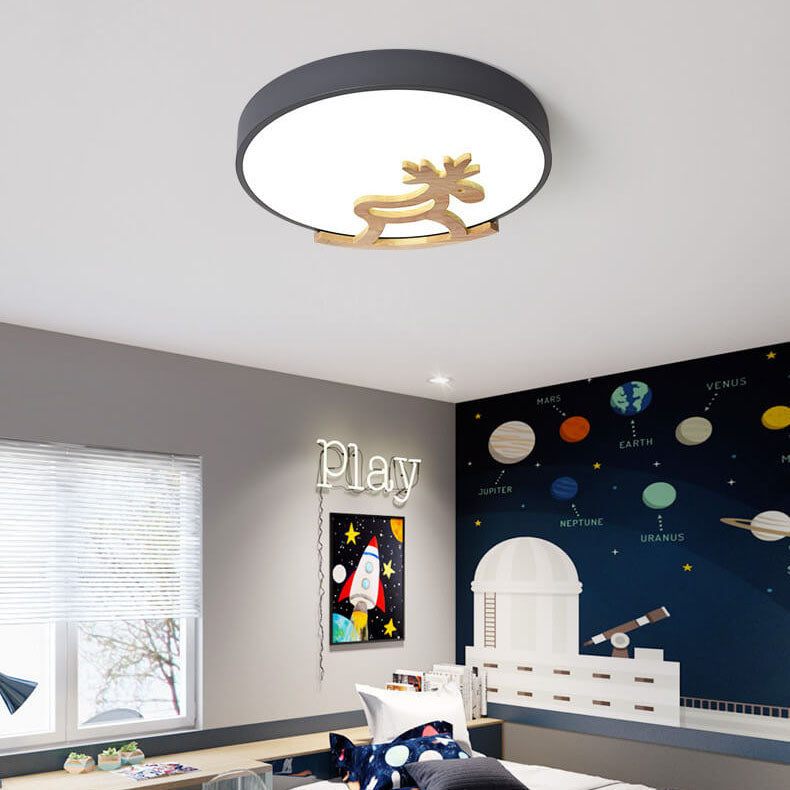 Lumendat Macaron Creative Wooden Horse Shape Round LED Kids Flush Mount Ceiling Light Lumendat