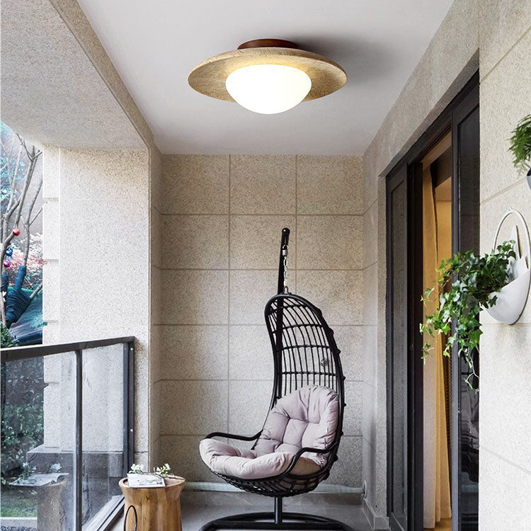Modern Minimalist Cylinder Oval Dish Yellow Travertine 1-light Semi-flush Mount Ceiling Light for Living Room