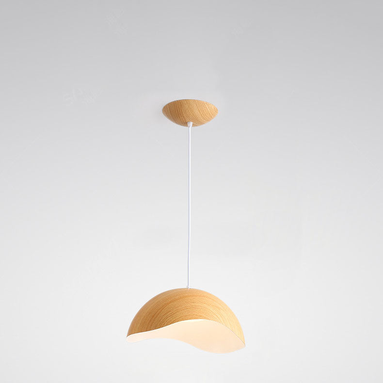 Contemporary Scandinavian Wood Grain Iron Dome Wave LED Pendant Light for Dining Room