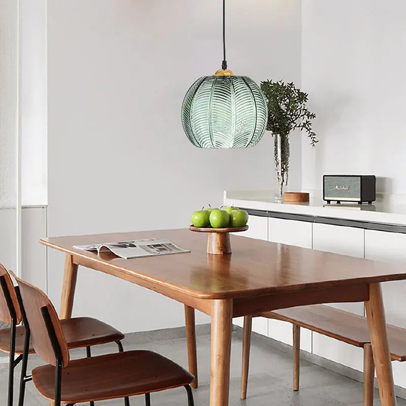 Contemporary Simplicity Green Leaf Patterned Glass Ball Shade 1-light Pendant Light for Living Room Lumendat