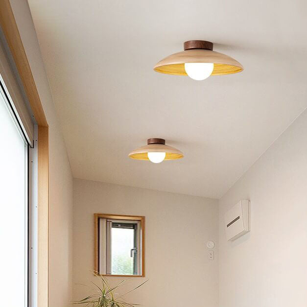 Japanese Wabi-sabi Faux Woodgrain Flying Saucer Design 1-light Semi-flush Mount Ceiling Light