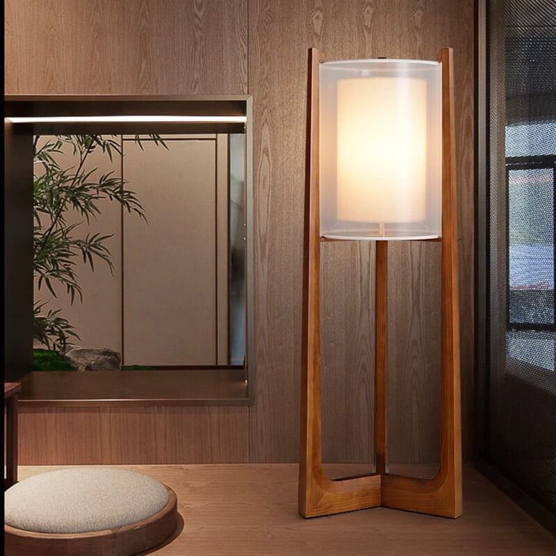 Traditional Japanese Solid Wood Brass Fabric Column 1-Light Standing Floor Lamp For Living Room And Bedroom Lumendat