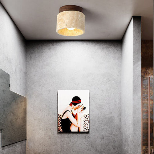 Japanese Minimalist Round Yellow Travertine Shade 1-light Semi-flush Mount Ceiling Light