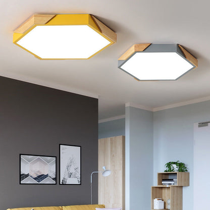 Contemporary Scandinavian Hexagonal Wood Grain Iron LED Flush Mount Ceiling Light for Bedroom