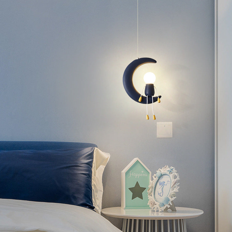 Lumendat Contemporary Nordic Kids Iron Resin Glass Moon Doll 1-Light Pendant Light For Bedside Lumendat
