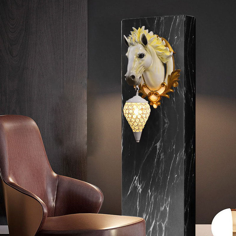 Modern Eclectic Resin Horse Head Decor Crystal Round Shade 1-Light Wall Sconce Lamp For Living Room Lumendat