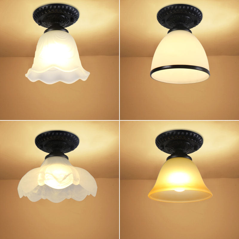 Contemporary Retro Floral Bell Round Iron Glass 1-Light Semi-Flush Mount Ceiling Light For Hallway Lumendat