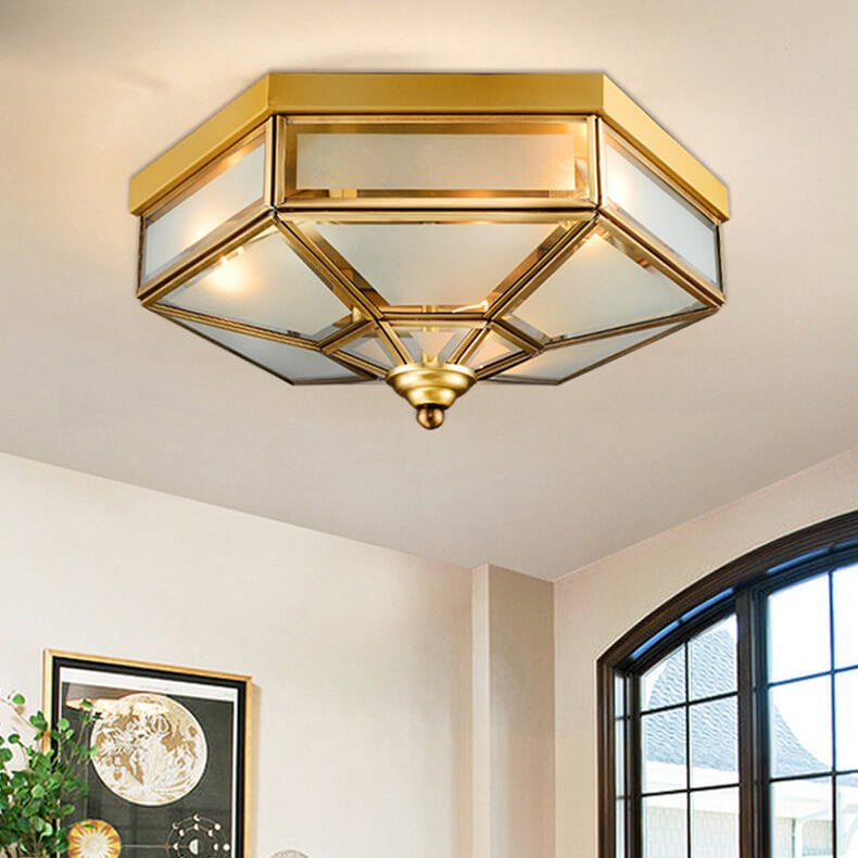 Traditional European Polygonal All Copper Glass 3/4 Light Flush Mount Ceiling Light For Living Room Lumendat