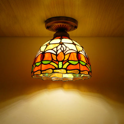 Traditional Tiffany Tulip Stained Glass Iron Dome 1-light Semi-flush Mount Ceiling Light for Living Room