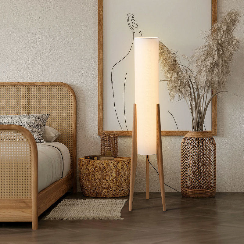Traditional Chinese Fabric Cylinder Shade Wood Tripod 1-Light Standing Floor Lamp For Study Lumendat