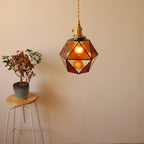 Traditional Vintage Polygonal Brass Stained Glass 1-light Pendant Light for Living Room