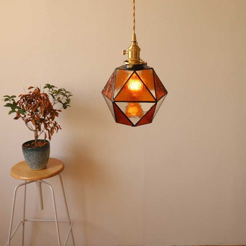Traditional Vintage Polygonal Brass Stained Glass 1-light Pendant Light for Living Room