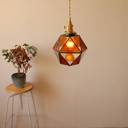 Traditional Vintage Polygonal Brass Stained Glass 1-light Pendant Light for Living Room