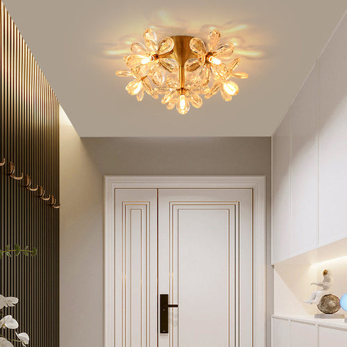 Modern Minimalist Flower Brass Crystal 3/5/6/7 Light Flush Mount Ceiling Light For Living Room