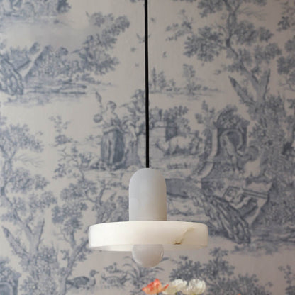 Traditional Chinese Marble Round Shade Brass 1-light Pendant Light for Living Room