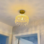 Traditional French Round Iron Copper Glass Crystal 1-Light Semi-Flush Mount Ceiling Light For Bedroom