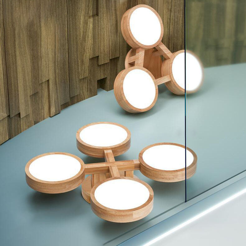 Contemporary Scandinavian Round Rubberwood LED Flush Mount Ceiling Light for Living Room