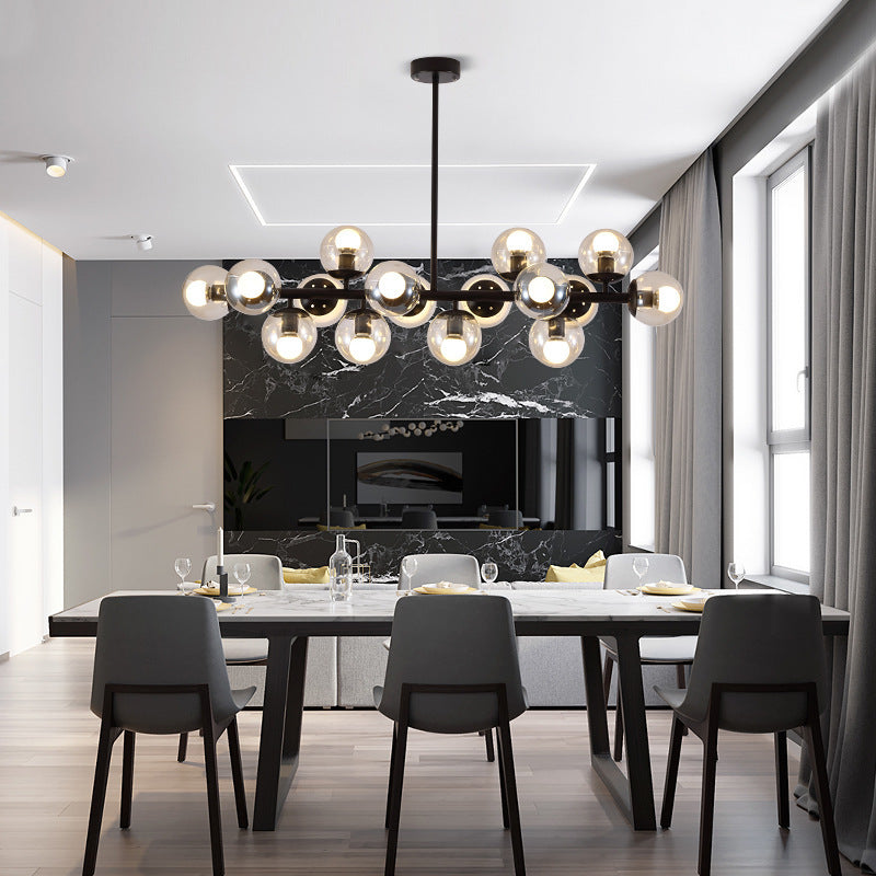 Contemporary Scandinavian Long Round Globe Iron Glass 16-light Island Light Chandelier for Dining Room