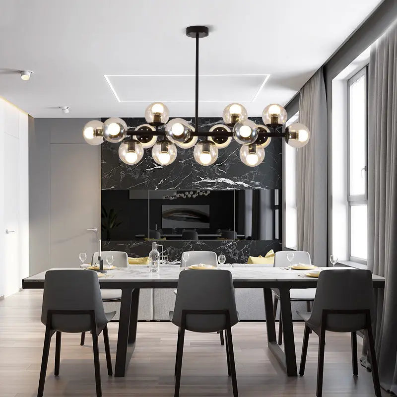 Contemporary Scandinavian Long Round Globe Iron Glass 16-light Island Light Chandelier for Dining Room Lumendat