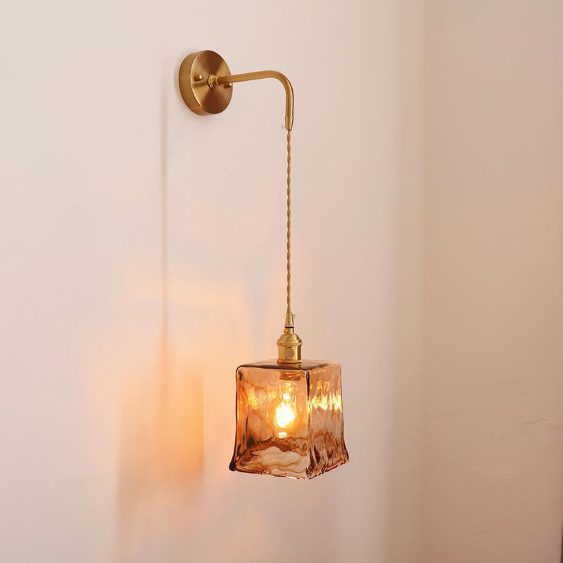 Modern Minimalist Eclectic Amber Glass Brass Iron Geometric 1-Light Wall Sconce Lamp For Living Room Lumendat